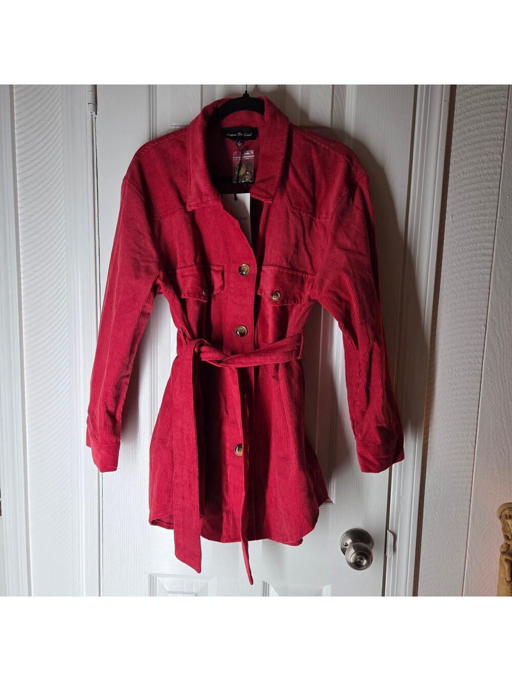 Jacquie The Label Red Corduroy Belted Shirt Dress Size Small